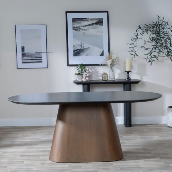 Perlo 180cm Dark Grey Ceramic Oval Dining Table With Bronze Pedestal Base - Image 2